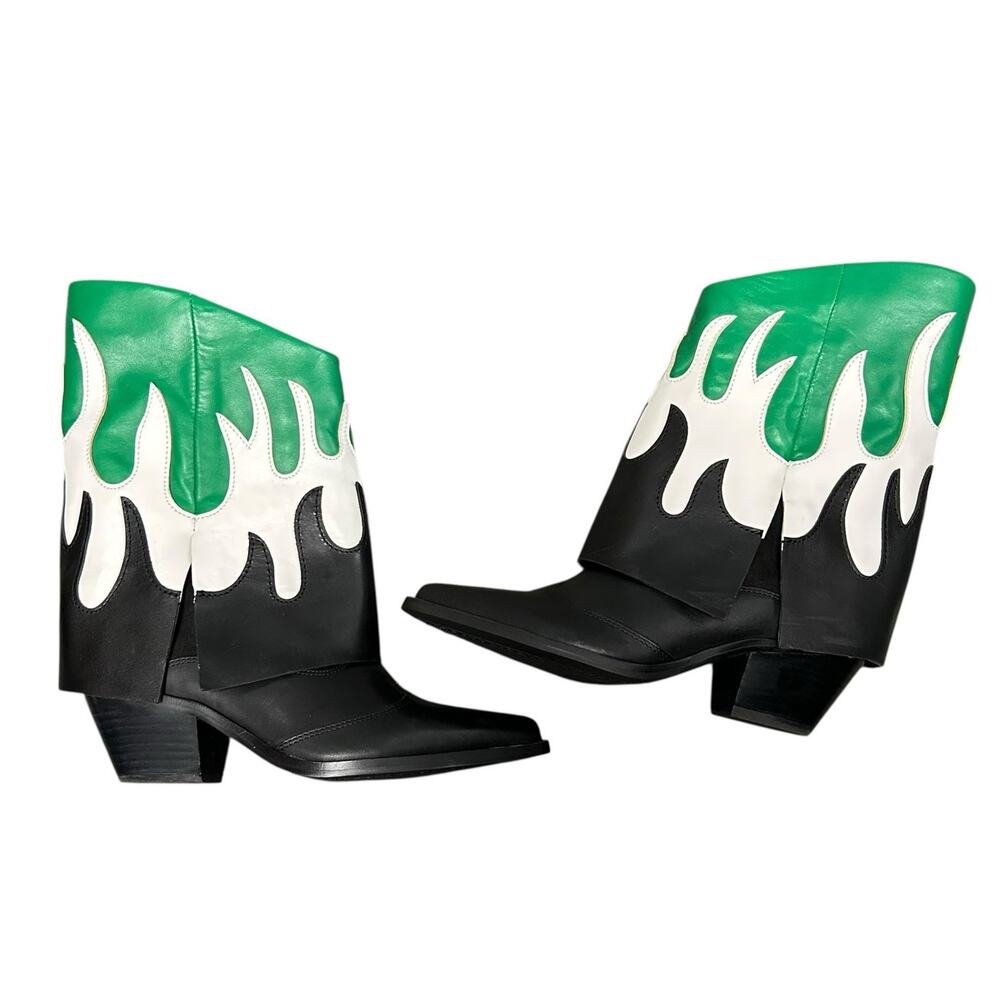 Gianni Bini Conley Flame Leather Western Foldover Boots Black Green Womens 5.5 - Picture 2 of 9
